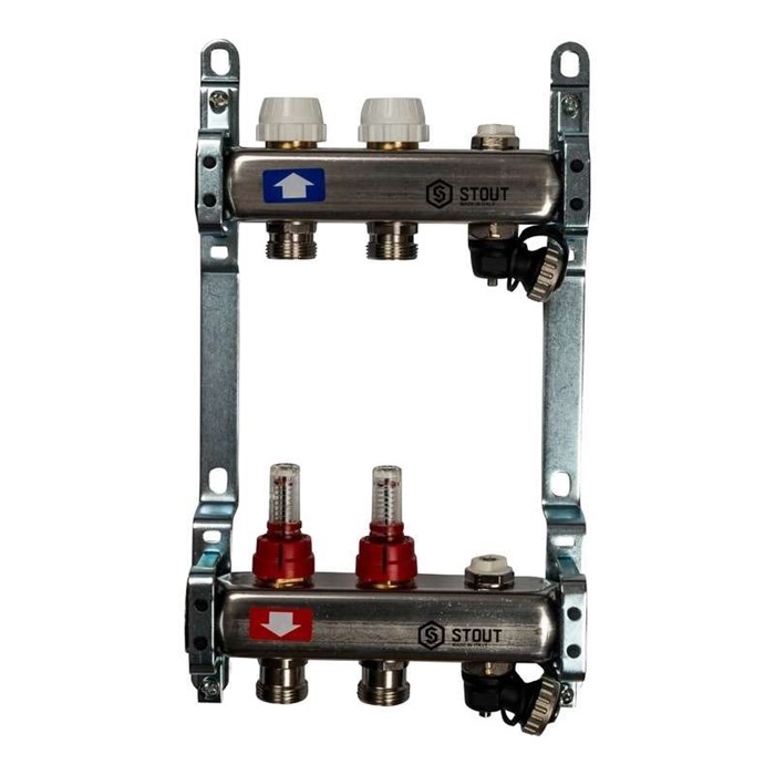 Коллекторный блок из нерж. стали с расходомерами, с клапаном вып. воздуха и сливом  2 вых. STOUT SMS-0927-000002