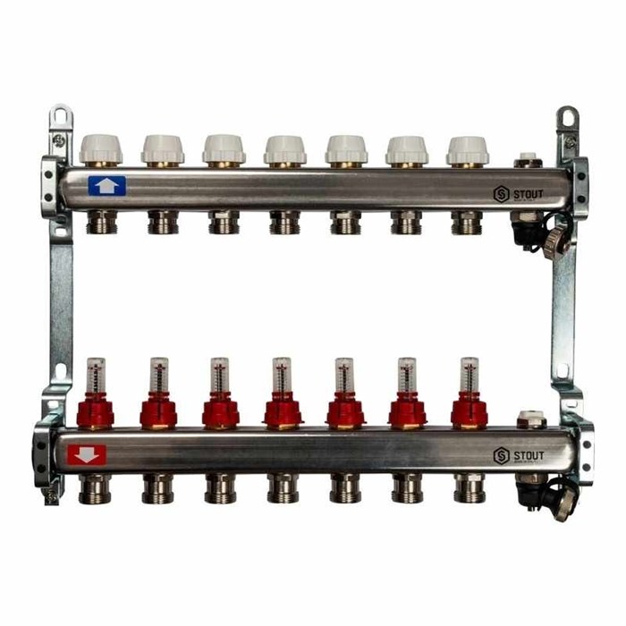 Коллекторный блок из нерж. стали с расходомерами, с клапаном вып. воздуха и сливом  7 вых. STOUT SMS-0927-000007 - фото 16432