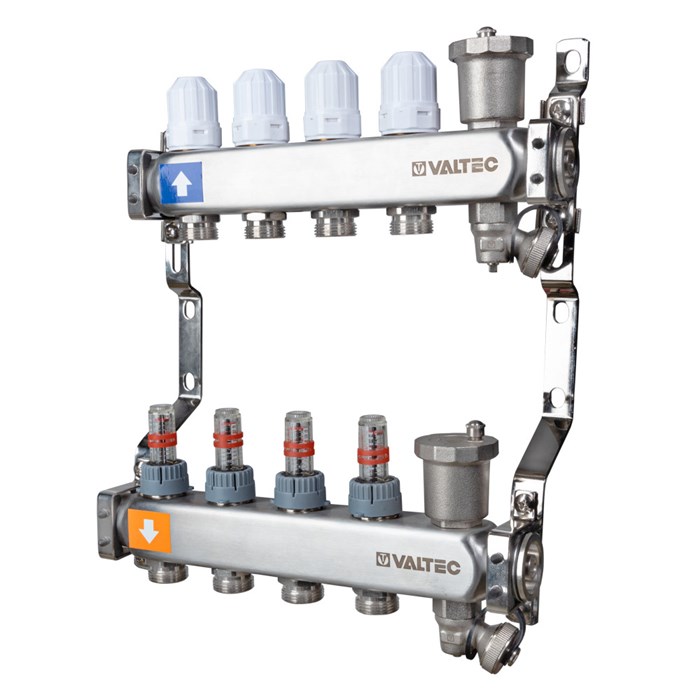 Блок коллектоный из нерж. стали с регулир. клапанами и расходомерами (VTc.579) 1",  2 вых 3/4" ЕК VTc.579.EMNX.0602